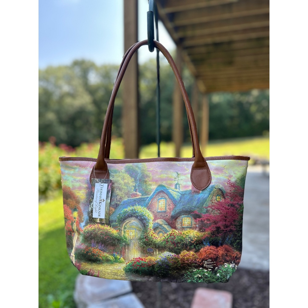Thomas Kinkade Rosebud Cottage Tote Bag Women Large Multicolor NEW Art‎ Canvas